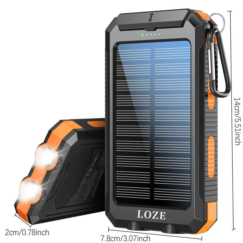 LOZE 10000mAh Solar Power Bank – Portable Fast Charger with Dual USB, LED Flashlight & Compass, Waterproof Outdoor Charger