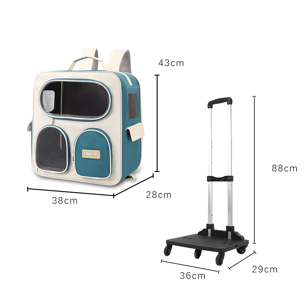 42x37cm Foldable Rolling Pet Carrier – Breathable Backpack & Trolley Bag for Cats & Small Dogs