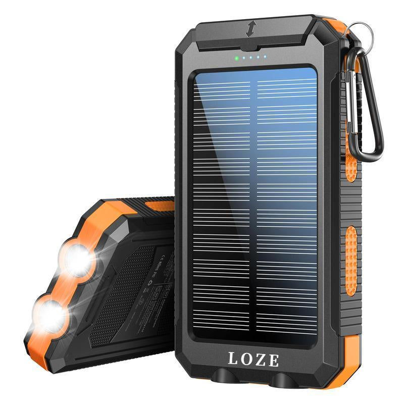 LOZE 10000mAh Solar Power Bank – Portable Fast Charger with Dual USB, LED Flashlight & Compass, Waterproof Outdoor Charger