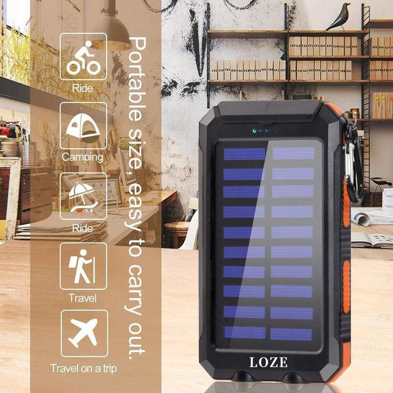 LOZE 10000mAh Solar Power Bank – Portable Fast Charger with Dual USB, LED Flashlight & Compass, Waterproof Outdoor Charger
