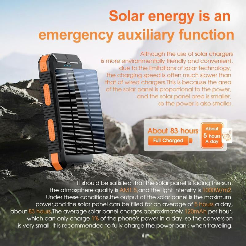 LOZE 10000mAh Solar Power Bank – Portable Fast Charger with Dual USB, LED Flashlight & Compass, Waterproof Outdoor Charger