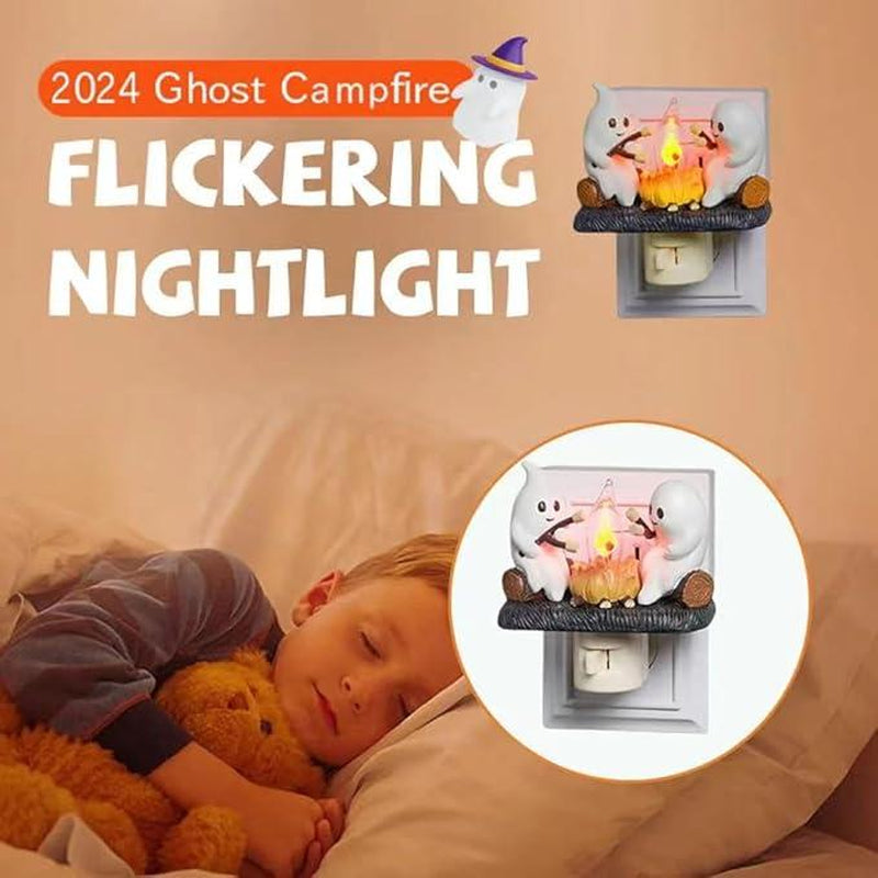 Ghost Pumpkin Campfire Night Light – Flickering LED Halloween Décor & Gift