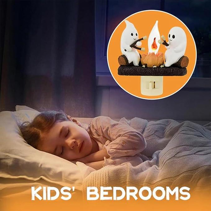 Ghost Pumpkin Campfire Night Light – Flickering LED Halloween Décor & Gift