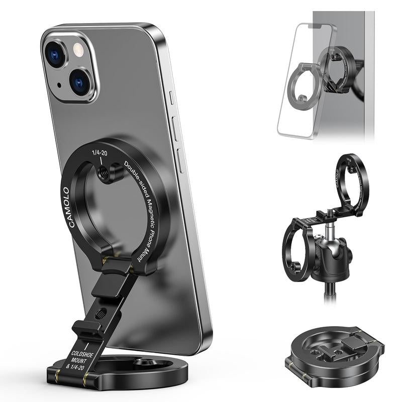 CAMOLO Dual-Sided Magnetic Phone Tripod Stand – Foldable Aluminum Mount for MagSafe iPhone 12–16, Pocket-Sized for Car, Desk & Travel