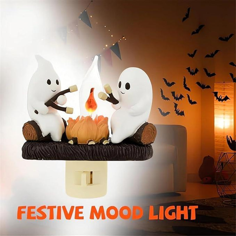 Ghost Pumpkin Campfire Night Light – Flickering LED Halloween Décor & Gift
