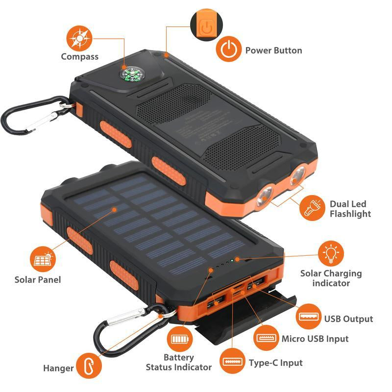 LOZE 10000mAh Solar Power Bank – Portable Fast Charger with Dual USB, LED Flashlight & Compass, Waterproof Outdoor Charger