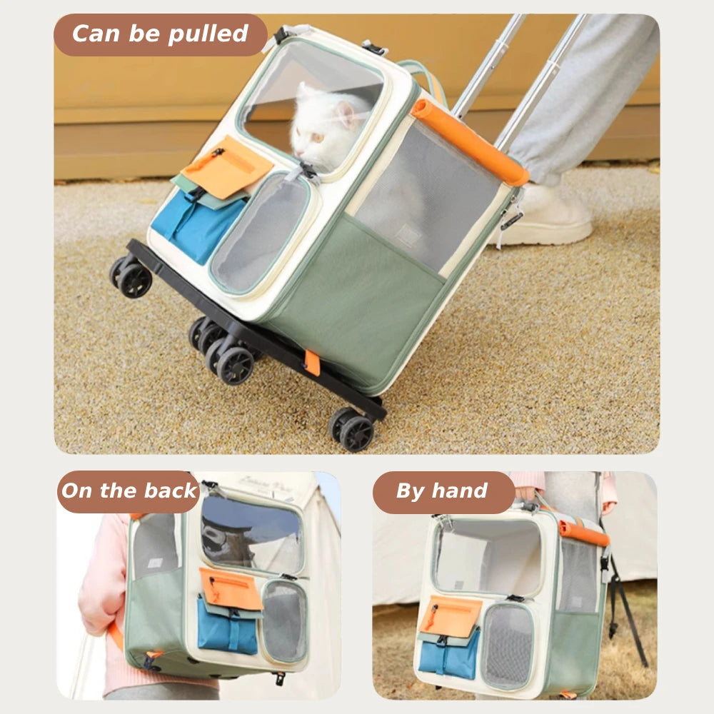 42x37cm Foldable Rolling Pet Carrier – Breathable Backpack & Trolley Bag for Cats & Small Dogs