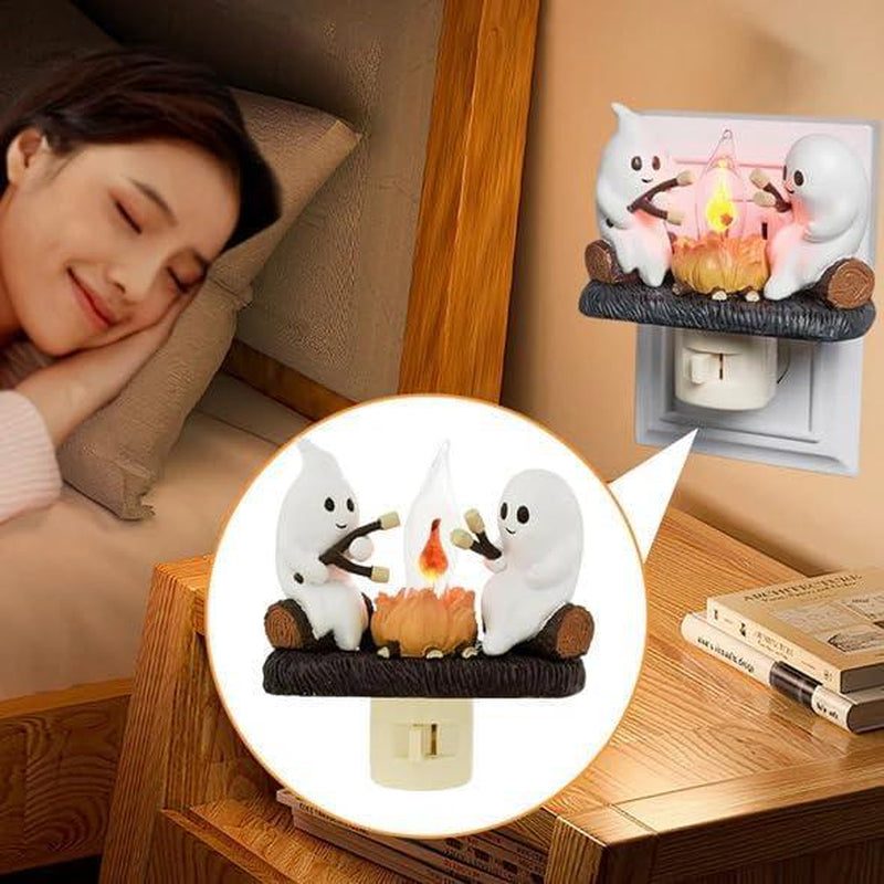 Ghost Pumpkin Campfire Night Light – Flickering LED Halloween Décor & Gift
