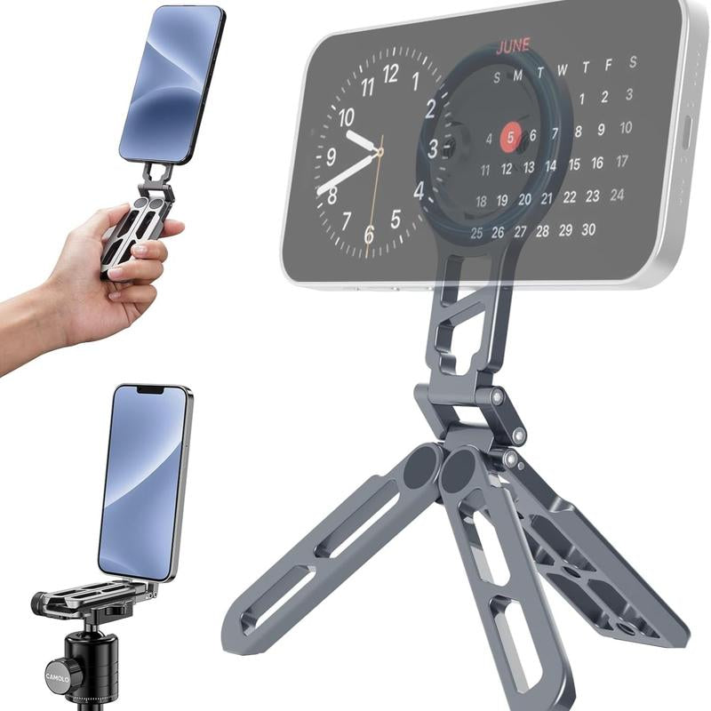CAMOLO Dual-Sided Magnetic Phone Tripod Stand – Foldable Aluminum Mount for MagSafe iPhone 12–16, Pocket-Sized for Car, Desk & Travel