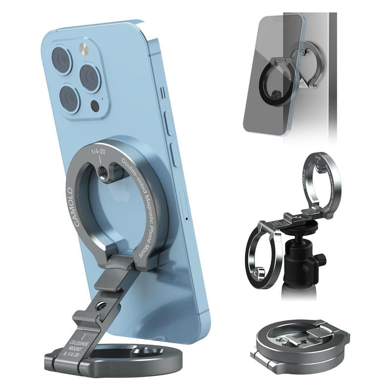 CAMOLO Dual-Sided Magnetic Phone Tripod Stand – Foldable Aluminum Mount for MagSafe iPhone 12–16, Pocket-Sized for Car, Desk & Travel