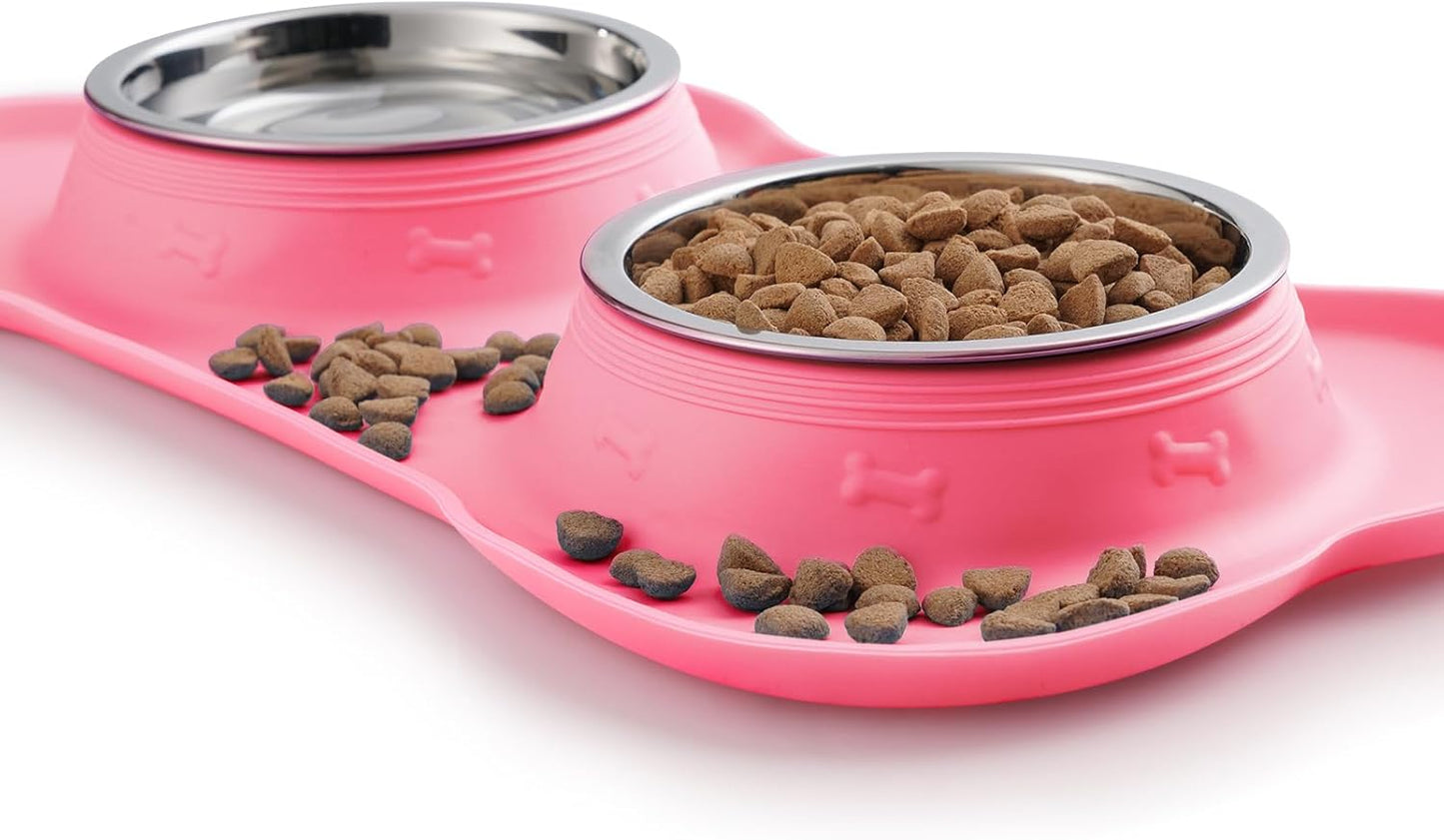 2-Pack Stainless Steel Dog Bowls with Non-Skid Mat & Food Scoop – No Spill Water & Food Feeder for Dogs & Cats (Small, Pink)