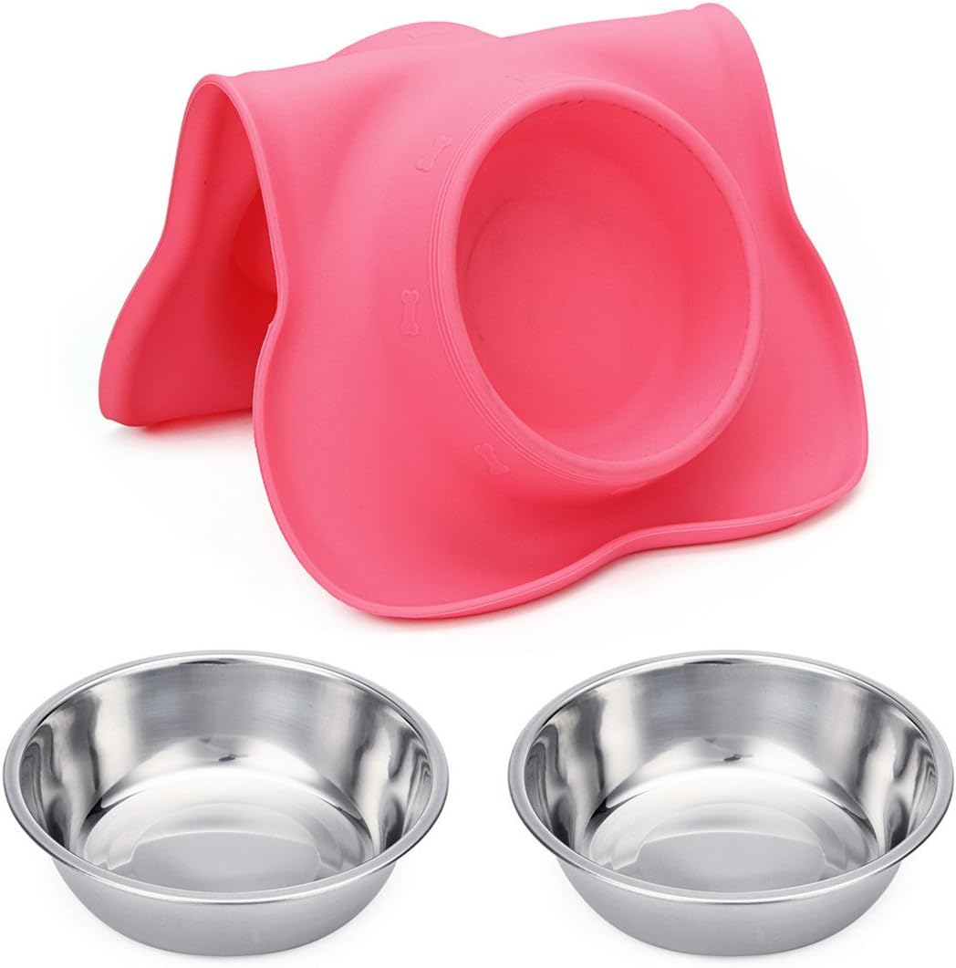 2-Pack Stainless Steel Dog Bowls with Non-Skid Mat & Food Scoop – No Spill Water & Food Feeder for Dogs & Cats (Small, Pink)