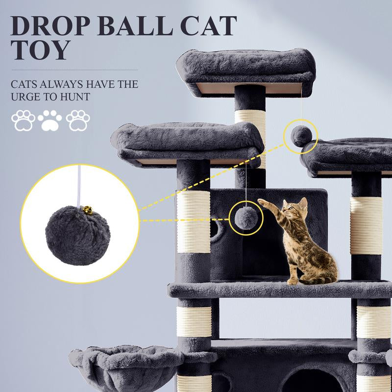 Allewie 68” Cat Tree – Multi-Level Cat Condo & Scratching Post for Large Cats, Climbing Tower, Beige/Pink/Grey/Leopard Print