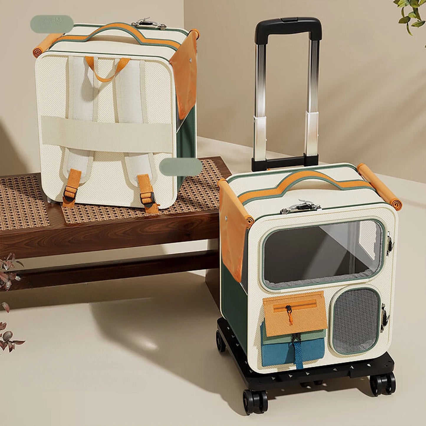 42x37cm Foldable Rolling Pet Carrier – Breathable Backpack & Trolley Bag for Cats & Small Dogs