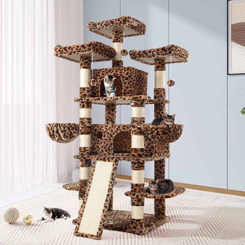 Allewie 68” Cat Tree – Multi-Level Cat Condo & Scratching Post for Large Cats, Climbing Tower, Beige/Pink/Grey/Leopard Print