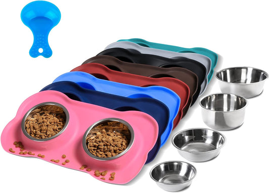 2-Pack Stainless Steel Dog Bowls with Non-Skid Mat & Food Scoop – No Spill Water & Food Feeder for Dogs & Cats (Small, Pink)