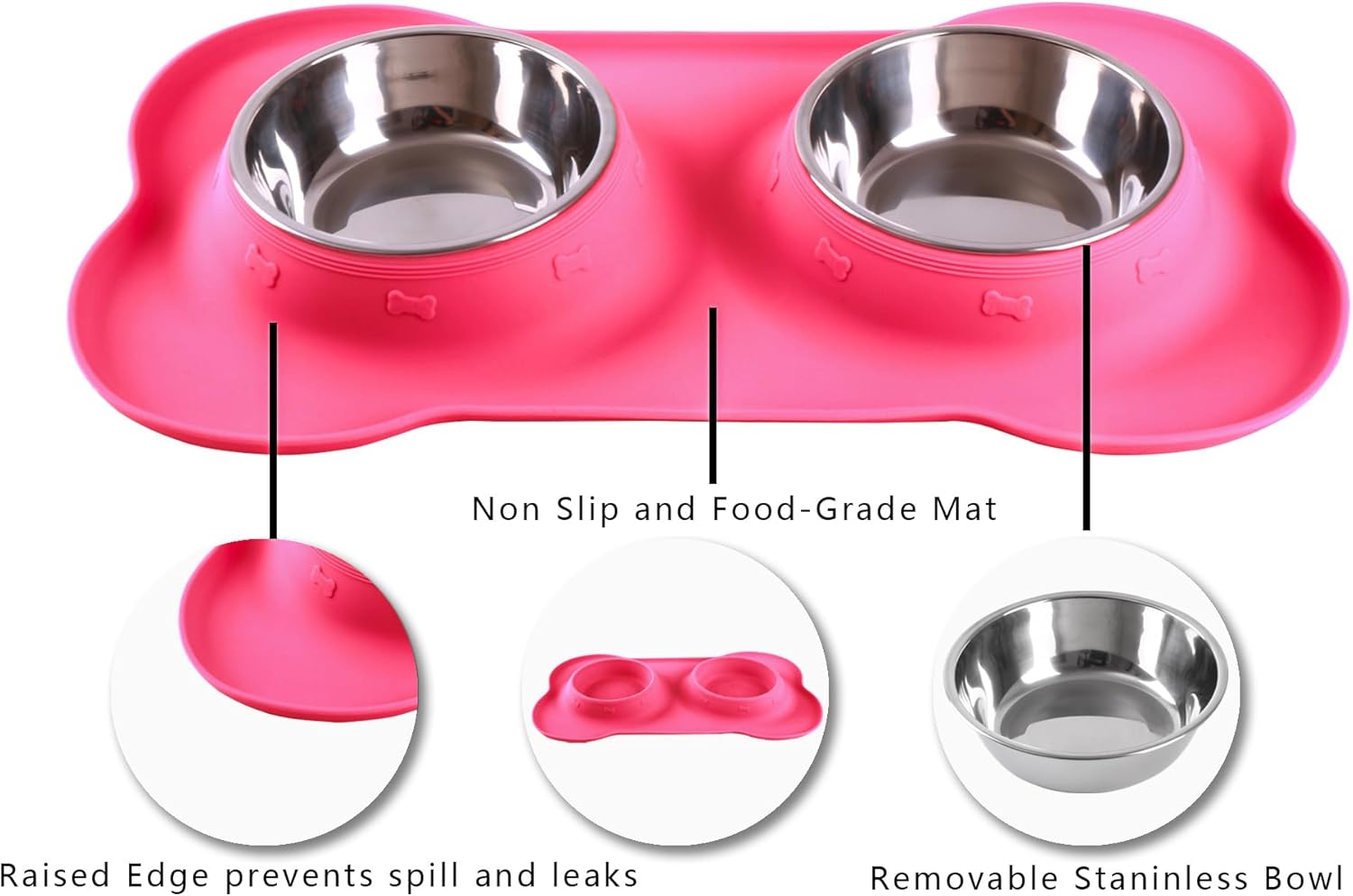 2-Pack Stainless Steel Dog Bowls with Non-Skid Mat & Food Scoop – No Spill Water & Food Feeder for Dogs & Cats (Small, Pink)