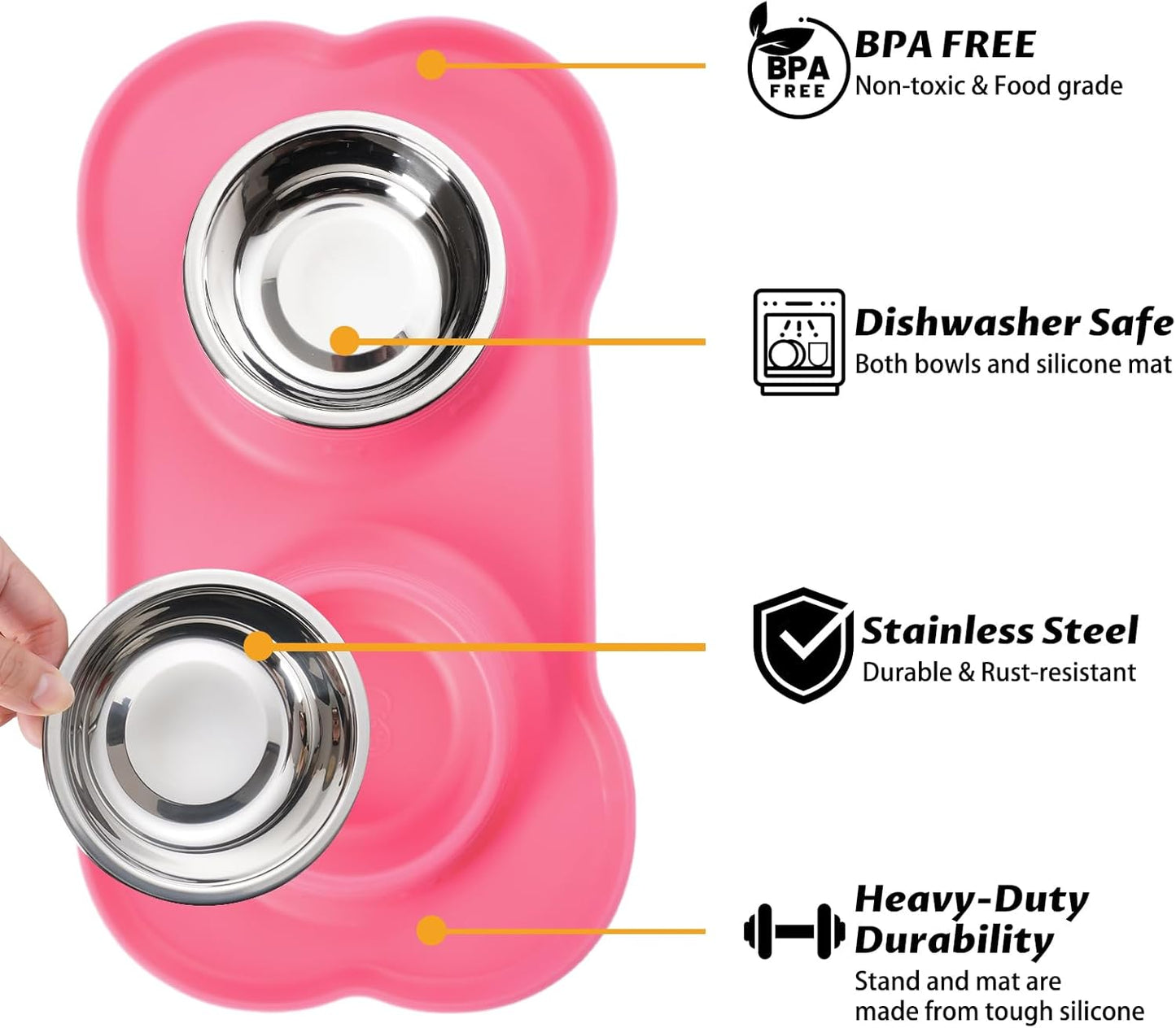 2-Pack Stainless Steel Dog Bowls with Non-Skid Mat & Food Scoop – No Spill Water & Food Feeder for Dogs & Cats (Small, Pink)