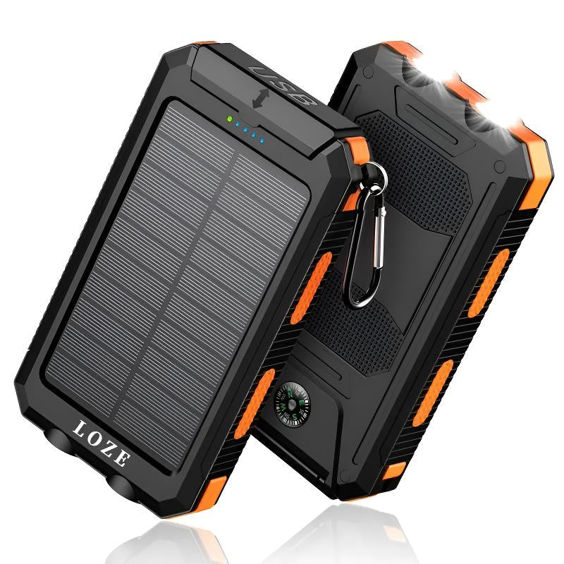 LOZE 10000mAh Solar Power Bank – Portable Fast Charger with Dual USB, LED Flashlight & Compass, Waterproof Outdoor Charger