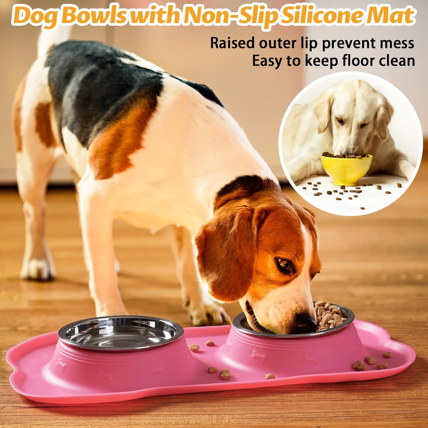 2-Pack Stainless Steel Dog Bowls with Non-Skid Mat & Food Scoop – No Spill Water & Food Feeder for Dogs & Cats (Small, Pink)