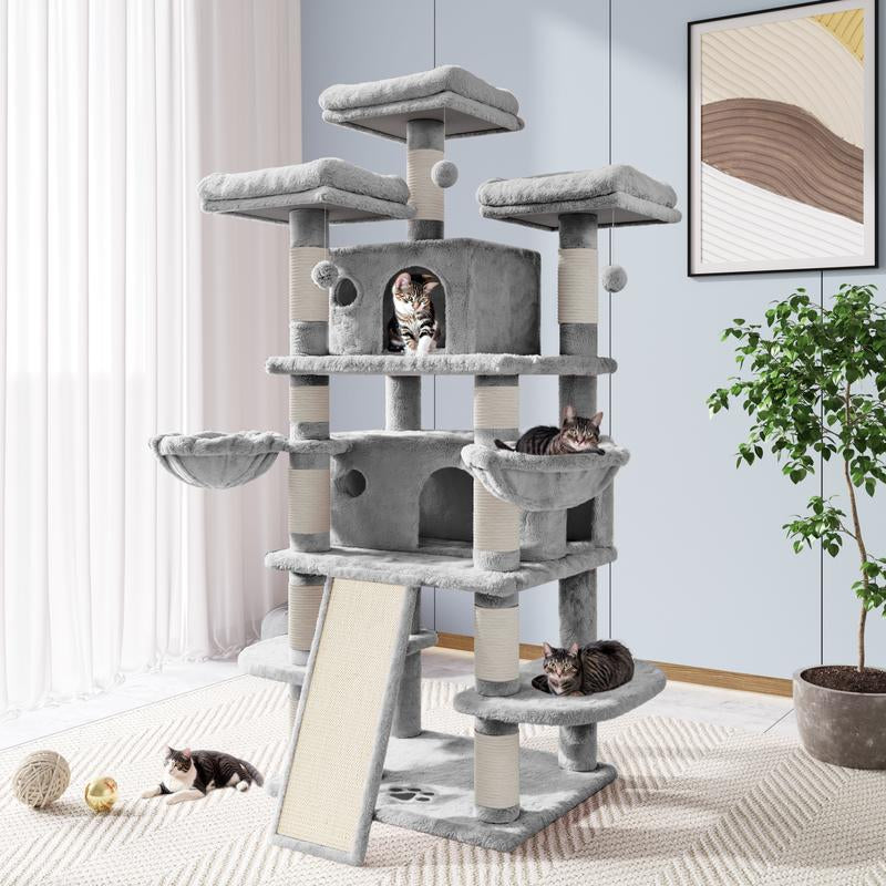 Allewie 68” Cat Tree – Multi-Level Cat Condo & Scratching Post for Large Cats, Climbing Tower, Beige/Pink/Grey/Leopard Print