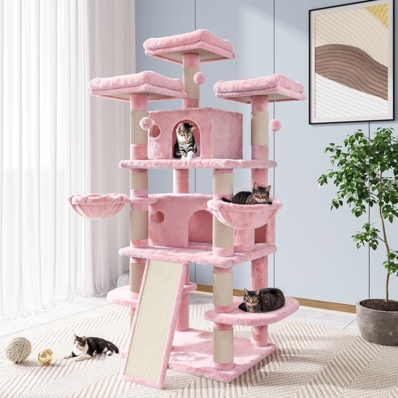 Allewie 68” Cat Tree – Multi-Level Cat Condo & Scratching Post for Large Cats, Climbing Tower, Beige/Pink/Grey/Leopard Print