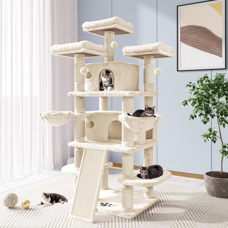 Allewie 68” Cat Tree – Multi-Level Cat Condo & Scratching Post for Large Cats, Climbing Tower, Beige/Pink/Grey/Leopard Print