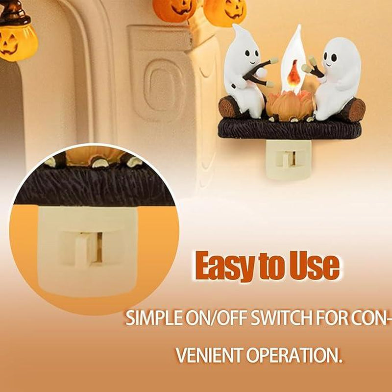 Ghost Pumpkin Campfire Night Light – Flickering LED Halloween Décor & Gift