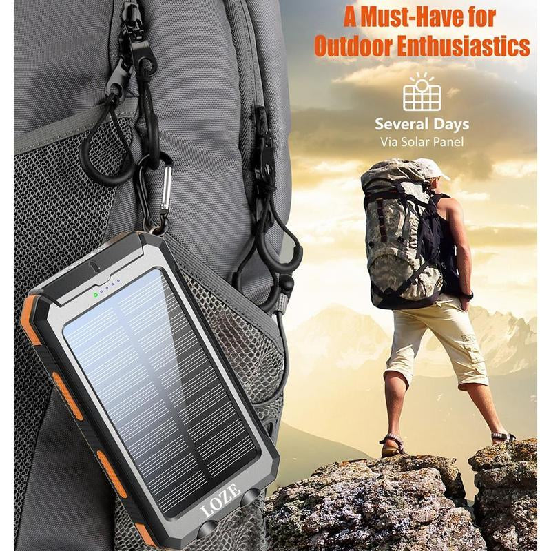LOZE 10000mAh Solar Power Bank – Portable Fast Charger with Dual USB, LED Flashlight & Compass, Waterproof Outdoor Charger