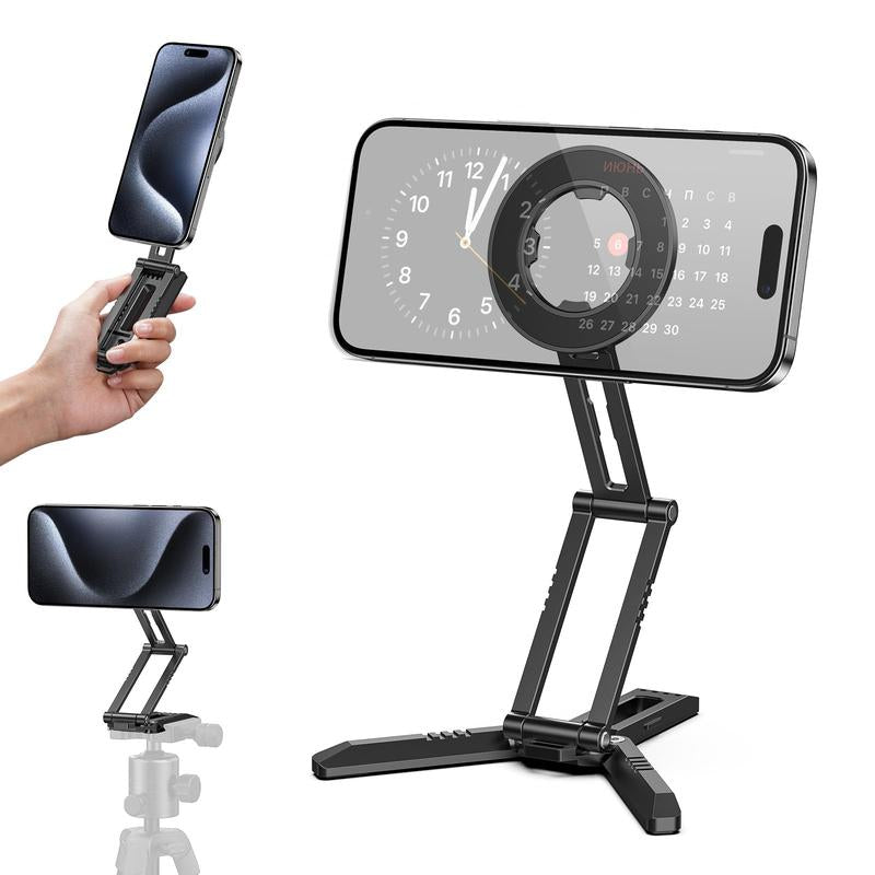 CAMOLO Dual-Sided Magnetic Phone Tripod Stand – Foldable Aluminum Mount for MagSafe iPhone 12–16, Pocket-Sized for Car, Desk & Travel