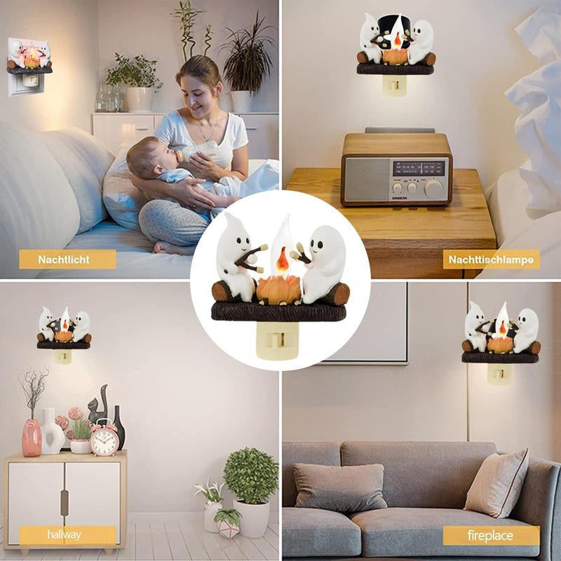Ghost Pumpkin Campfire Night Light – Flickering LED Halloween Décor & Gift