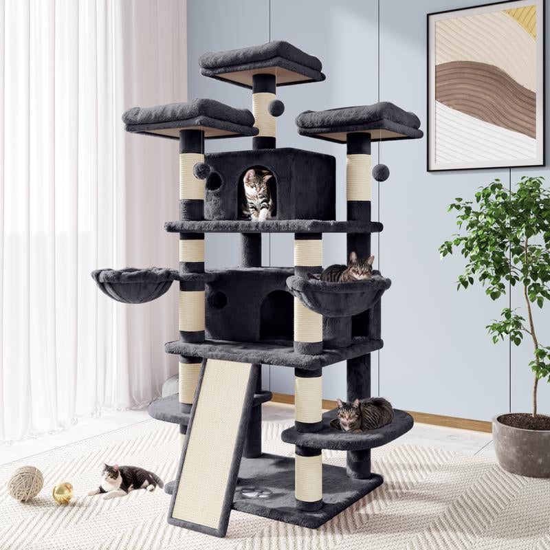 Allewie 68” Cat Tree – Multi-Level Cat Condo & Scratching Post for Large Cats, Climbing Tower, Beige/Pink/Grey/Leopard Print