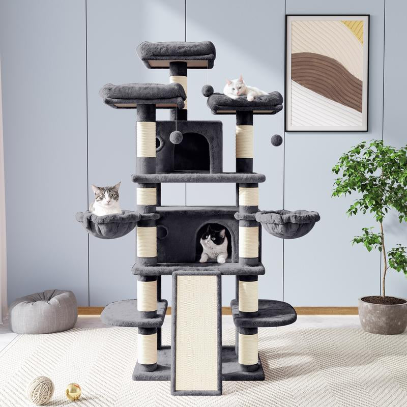 Allewie 68” Cat Tree – Multi-Level Cat Condo & Scratching Post for Large Cats, Climbing Tower, Beige/Pink/Grey/Leopard Print