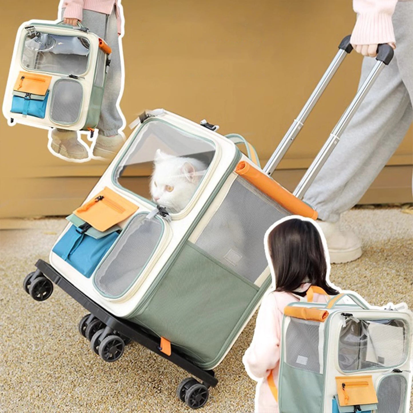 42x37cm Foldable Rolling Pet Carrier – Breathable Backpack & Trolley Bag for Cats & Small Dogs