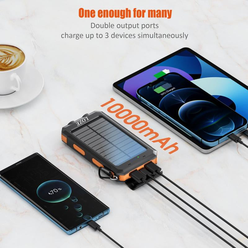 LOZE 10000mAh Solar Power Bank – Portable Fast Charger with Dual USB, LED Flashlight & Compass, Waterproof Outdoor Charger