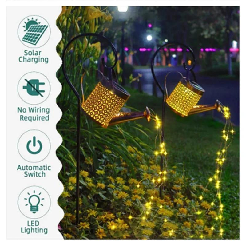 Solar Powered Garden Shower Light, Watering Can Light, LED Outdoor String Fairy Lights Waterfall with Bracket Light