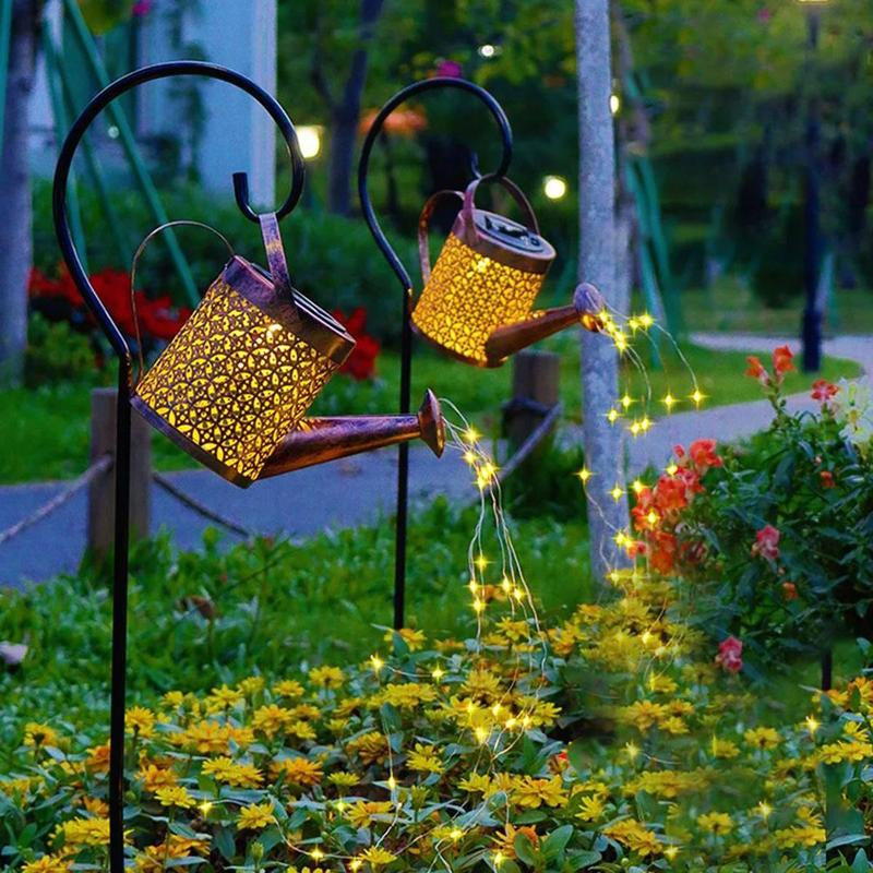 Solar Powered Garden Shower Light, Watering Can Light, LED Outdoor String Fairy Lights Waterfall with Bracket Light