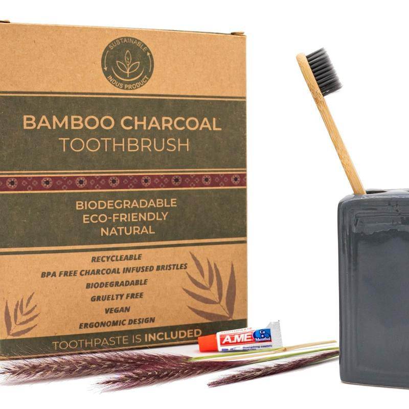 10-Pack Bamboo Toothbrushes with Travel Toothpaste – Eco-Friendly, Durable & Charcoal Clean
