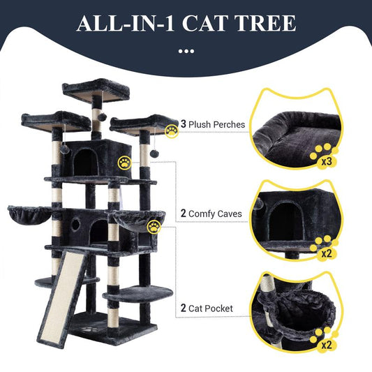 Allewie 68” Cat Tree – Multi-Level Cat Condo & Scratching Post for Large Cats, Climbing Tower, Beige/Pink/Grey/Leopard Print