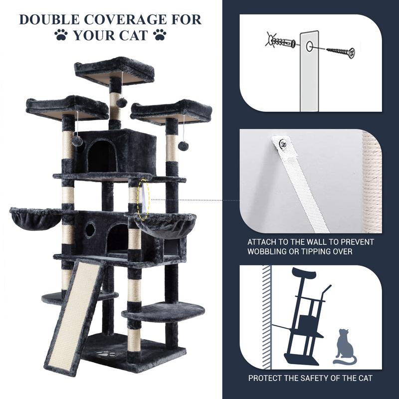 Allewie 68” Cat Tree – Multi-Level Cat Condo & Scratching Post for Large Cats, Climbing Tower, Beige/Pink/Grey/Leopard Print